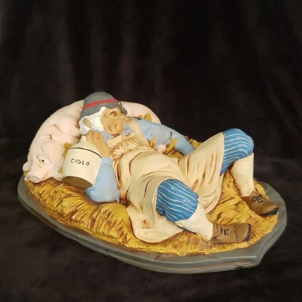 Vintage Old Man Sleeping on Haybale Hay Bale with Pig Pillow Chalkware Figurine